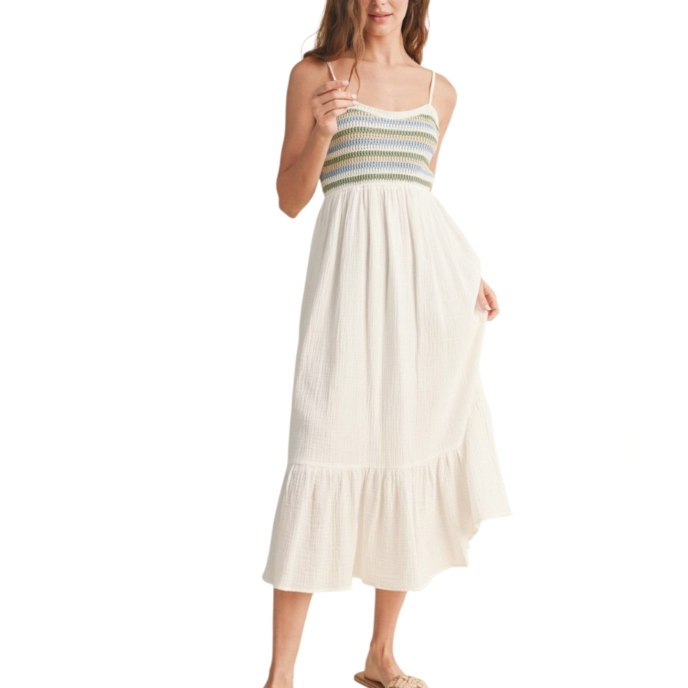 NWT - White Maxi Dress with Crochet Multicolor Stripe Bodice - Medium